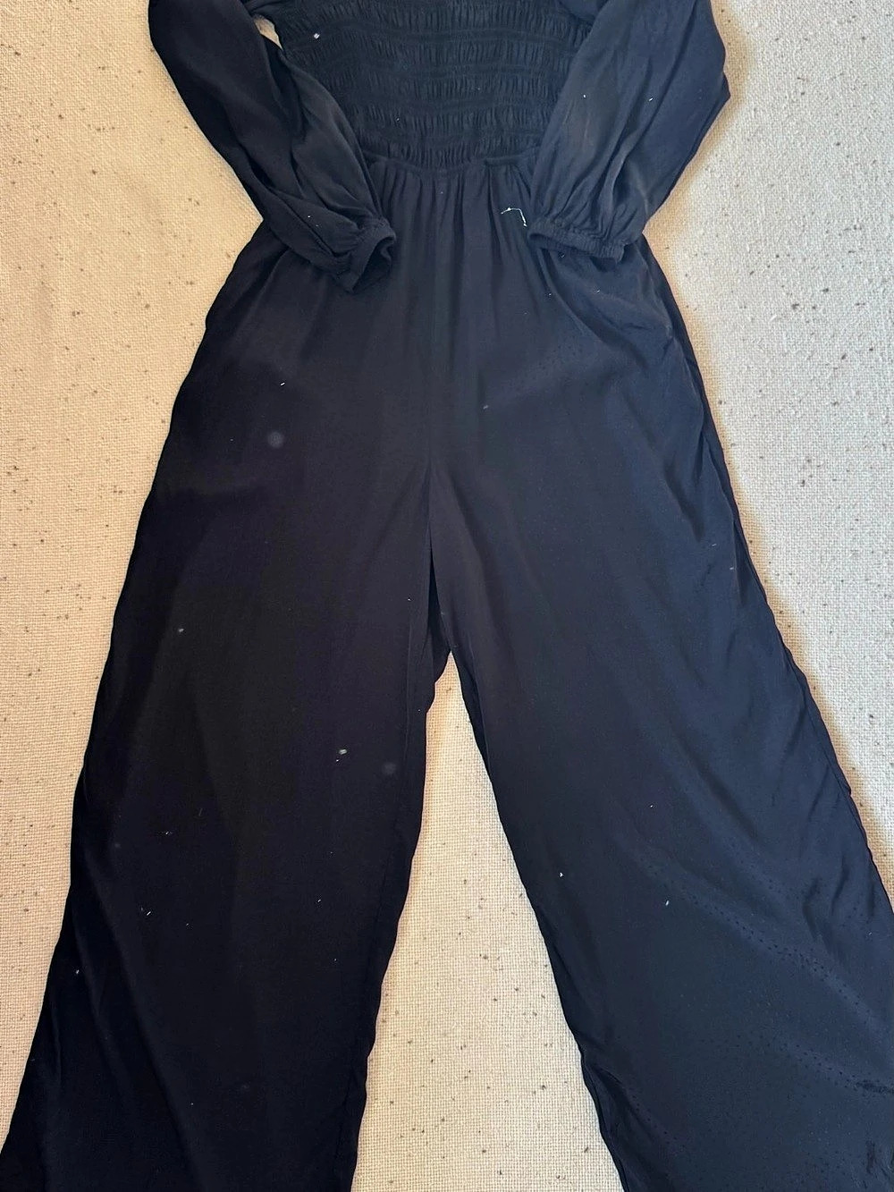 Madewell Black Smocked Wide Leg Jumpsuit Size 4 Puff Sleeve Bow Back Dobby